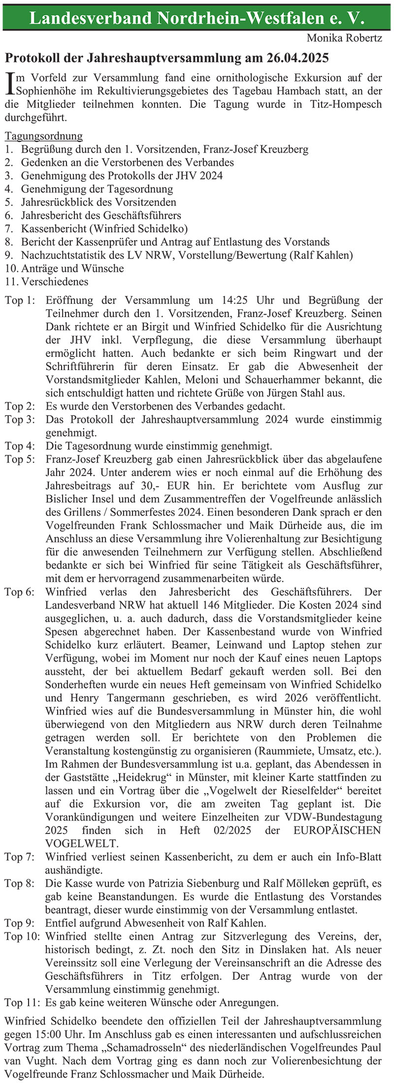 Protokoll der Jahreshauptversammlung 2025
